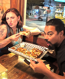 Two guests enjoying Rice Cracker food